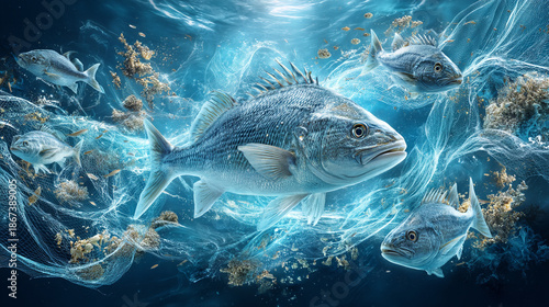 Majestic school of fish swimming through discarded fishing nets in deep blue ocean. A powerful concept for overfishing, marine pollution, and conservation.