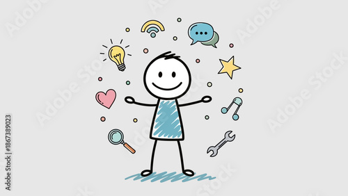 Happy stick figure surrounded by diverse digital and conceptual icons including lightbulb, wifi, and heart, in a bright studio with a light gray background.