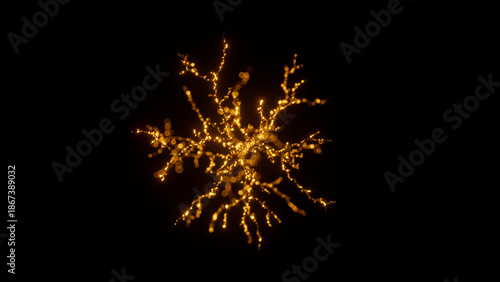 Golden sand or glitter in the shape of lightning bolt or neuron, neural node, with a bokeh effect. Abstract 3d illustration.
