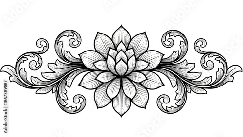Elegant Floral Decorative Element with Lotus Flower Design, Isolated White Background, Black and White Illustration