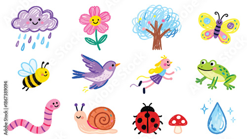 Vibrant illustrations of various insects and animals in a whimsical natural setting with flowers and trees