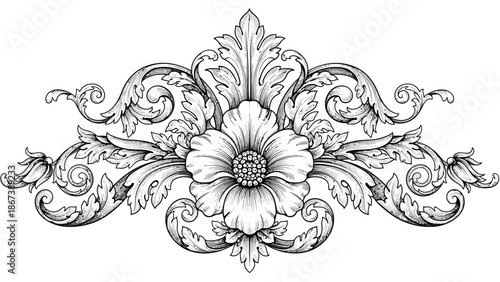 Ornate floral design with intricate scrolls and a central blossom, classical decorative element, black background.