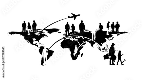 Global travel network illustration with world map, airplanes, and people silhouettes, black background.