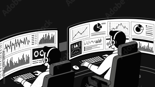 Focused person wearing headphones monitoring multiple screens with financial data and charts in a dark control room, black background.