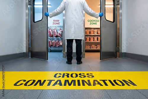 Food factory worker standing between raw and cooked zones illustrating a zoning violation and potential cross contamination path in a processing plant