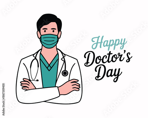 Doctors day simple vector illustration of physician, therapist man in mask and doctor coat. One continuous line art drawing background, banner, poster for Doctors day celebration.