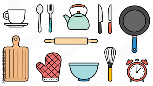 Kitchen utensils and appliances arranged on a clean white background with cooking essentials and dinnerware