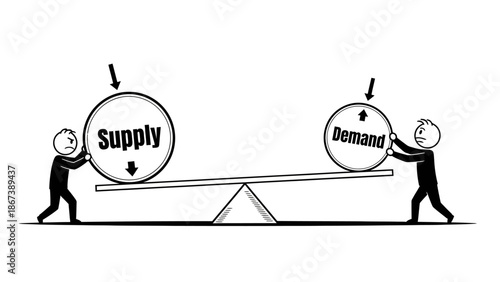 Two stick figures balancing "Supply" and "Demand" on a seesaw, illustrating economic equilibrium, isolated white background.