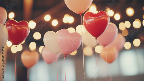 A romantic engagement party with heart-shaped red and pink balloons as a stunning backdrop. Valentine's concept.
