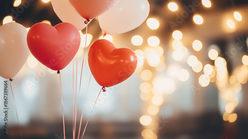 A romantic engagement party with heart-shaped red and pink balloons as a stunning backdrop. Valentine's concept.