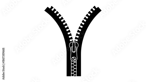 Detailed open unzipped zipper with pull tab on an isolated white background