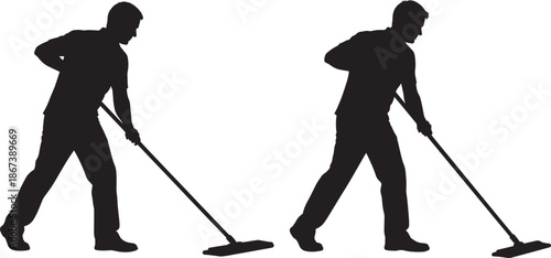 Man cleaning with mop silhouette on white backdrop