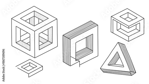 Set of impossible geometric shapes including a cube, square, and triangle in isometric view on an isolated white background