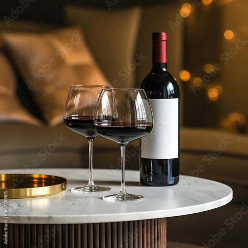 Modern wine still life red wine bottle and two glasses on white round table on white background.