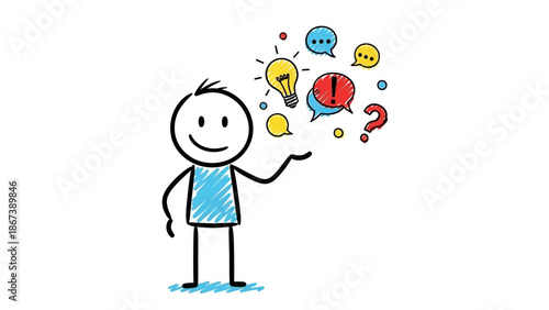 Stick Figure Generating Ideas and Asking Questions with Speech Bubbles and Light Bulbs, isolated white background.