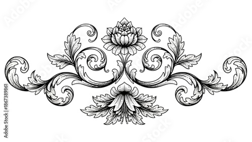 Intricate Baroque Style Floral Scroll Ornament Decorative Element, isolated white background.