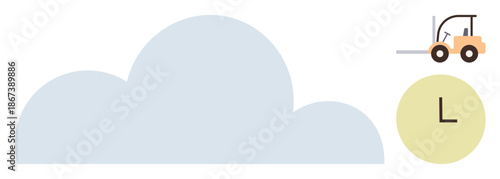 Cloud storage, logistics, time management, warehouse efficiency, delivery operation, and digital organization. A cloud, forklift and clock symbol. Cloud storage and logistics