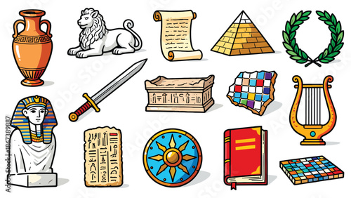 Ancient Civilization Symbols and Artifacts Illustrations on a White Background