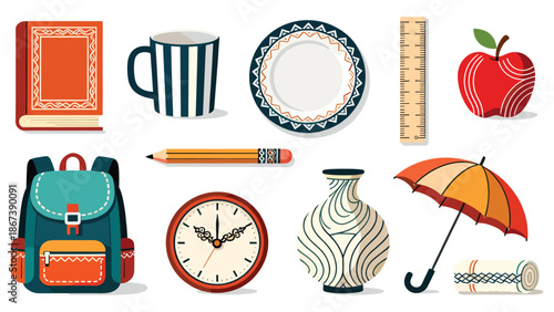 Assorted educational supplies and home decor items neatly arranged on a clean white background