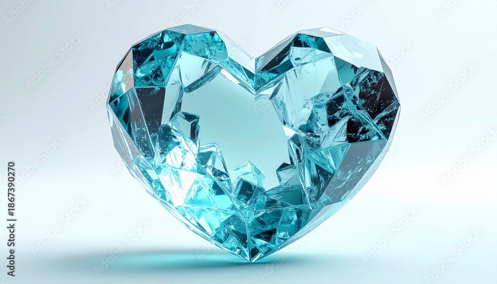 Fototapeta premium Heart Shaped Blue Crystal Glass on White Background Reflecting Light