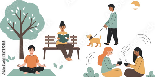 Diverse group of people enjoying relaxing outdoor activities like meditation walking a dog reading a book and socializing with warm beverages in a park setting