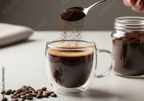 A hand sprinkles instant coffee granules from a spoon into a clear glass mug filled with hot black coffee, with a jar of coffee and beans nearby