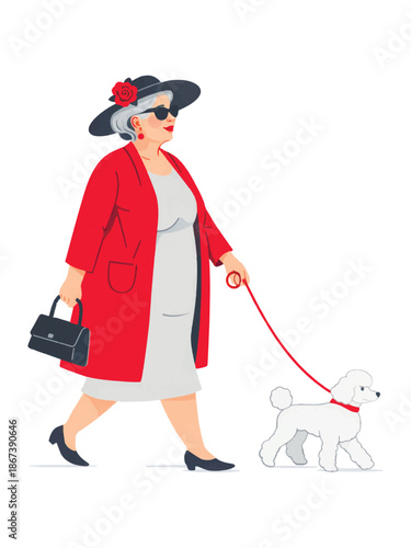 Minimal flat vector illustration of a stylish independent senior woman walking with a dog. Confident mature female character, modern lifestyle and elegance, isolated design on white background.