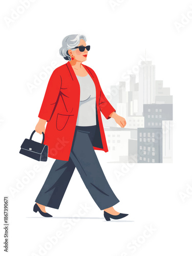 Minimal flat vector illustration of a confident independent senior woman walking in the city. Stylish mature female character, modern lifestyle and elegance, isolated on white background.