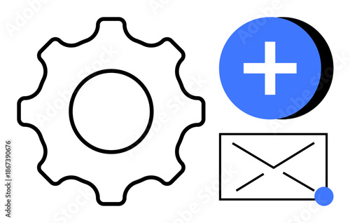 Settings concept. Gear, plus symbol, and envelope settings, communication, and addition. Settings simplify system adjustments, team collaboration and user management. For tech apps and email