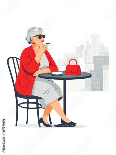 Minimal flat vector illustration of a stylish independent senior woman sitting alone in a cafe with coffee. Confident mature female lifestyle, elegance and calm mood, isolated vector on white.