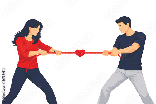Flat vector illustration of a man and woman pulling a rope with a heart in the middle. Concept of relationship struggle, emotional conflict, power balance, love tension, disagreement between partners.