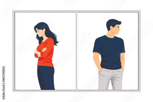 Flat vector illustration of a man and woman separated by a window frame, symbolizing emotional distance, breakup, misunderstanding, silent conflict, relationship crisis, isolated on white background.