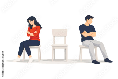 Flat vector illustration of a man and woman sitting apart on chairs with empty space between them. Concept of emotional distance, relationship crisis, separation, silence, unresolved conflict.