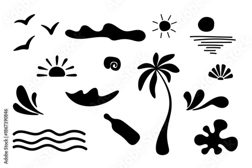 Boho Summer Beach Icon Set Vector Illustration, Hand Drawn Seaside Elements with Palm Tree, Ocean Waves, Sun and Seagulls for Branding and Surf Design