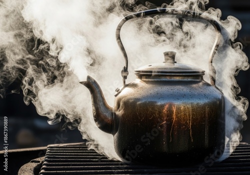 An old metal kettle steaming hot water on a grill, creating a dramatic cloud of steam against a dark background