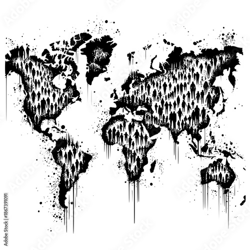 World Population: A stylized artistic representation of the world map, intricately filled with the silhouettes of people, embodying the concept of global population and human presence.