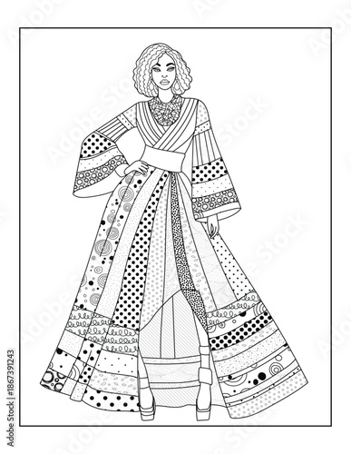 Black and white line art coloring page of an African girl wearing a beautiful, patterned dress. Perfect for cultural fashion coloring, diverse art projects, and artistic relaxation.