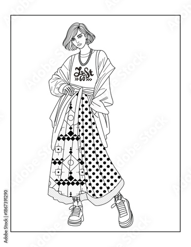 Black and white line art coloring page of a girl in a boho-style outfit featuring a long, flowing skirt and bohemian accessories. Perfect for fashion coloring  and creative relaxation.