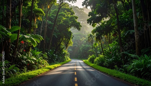 Lush tropical rainforest road - A scenic drive through vibrant greenery.