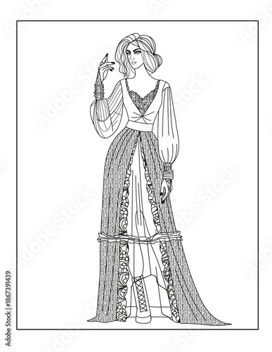 Black and white line art coloring page of a girl in a gothic-style fashion outfit. Perfect for alternative fashion coloring, creative art projects, and subculture-themed relaxation.