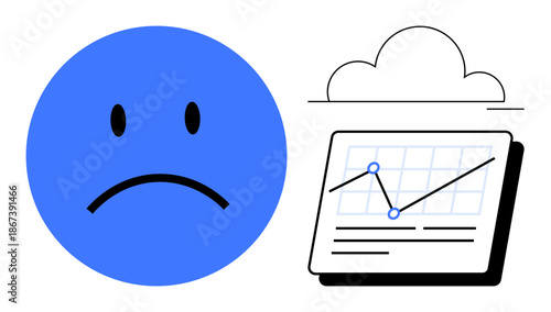 Blue sad face next to a declining line graph in a calendar frame under a cloud. Ideal for business loss, economic crisis, emotional impact, failure, disappointment, analytics, trends. Simple flat
