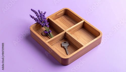 Wooden Organizer with Lavender and Key on Purple Background.