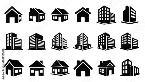 Collection of various black and white architectural building icons on a white background