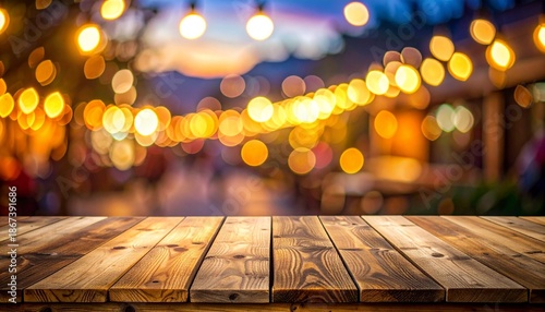 Rustic wooden table with blurred lights background for product display.