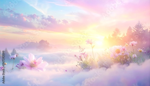 Dreamy pastel landscape with ethereal light and blooming flowers.