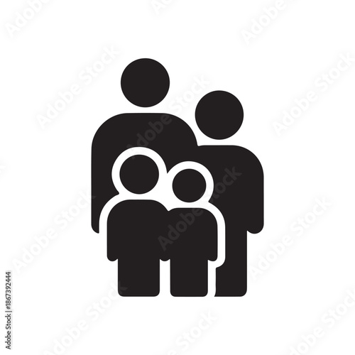 A simple black and white icon depicting a family of four people standing closely together