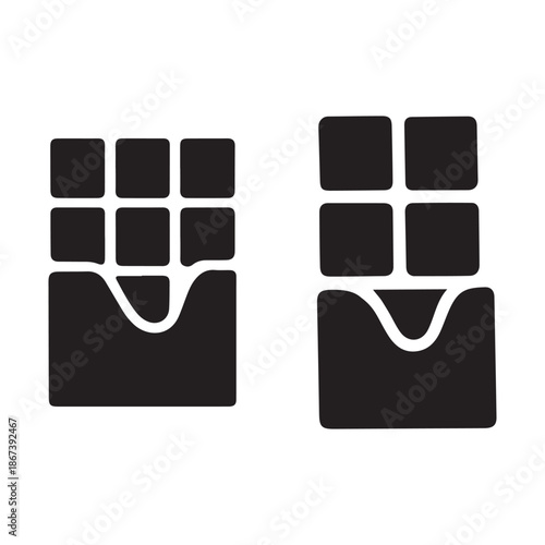 A simple black and white illustration depicts two separate chocolate bar pieces both broken and sectioned