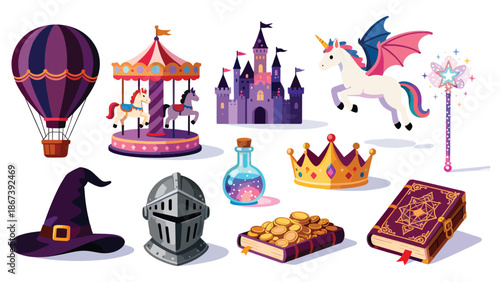 A vibrant collection of fantasy elements including a castle, unicorn, and magical objects in a whimsical setting