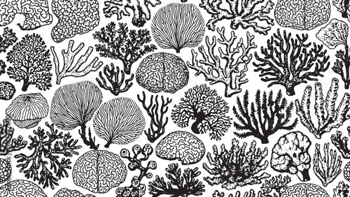 Seamless pattern of various marine corals and underwater organisms