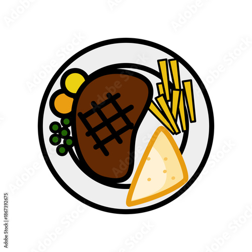 Grilled meat steak with french fries and bread.